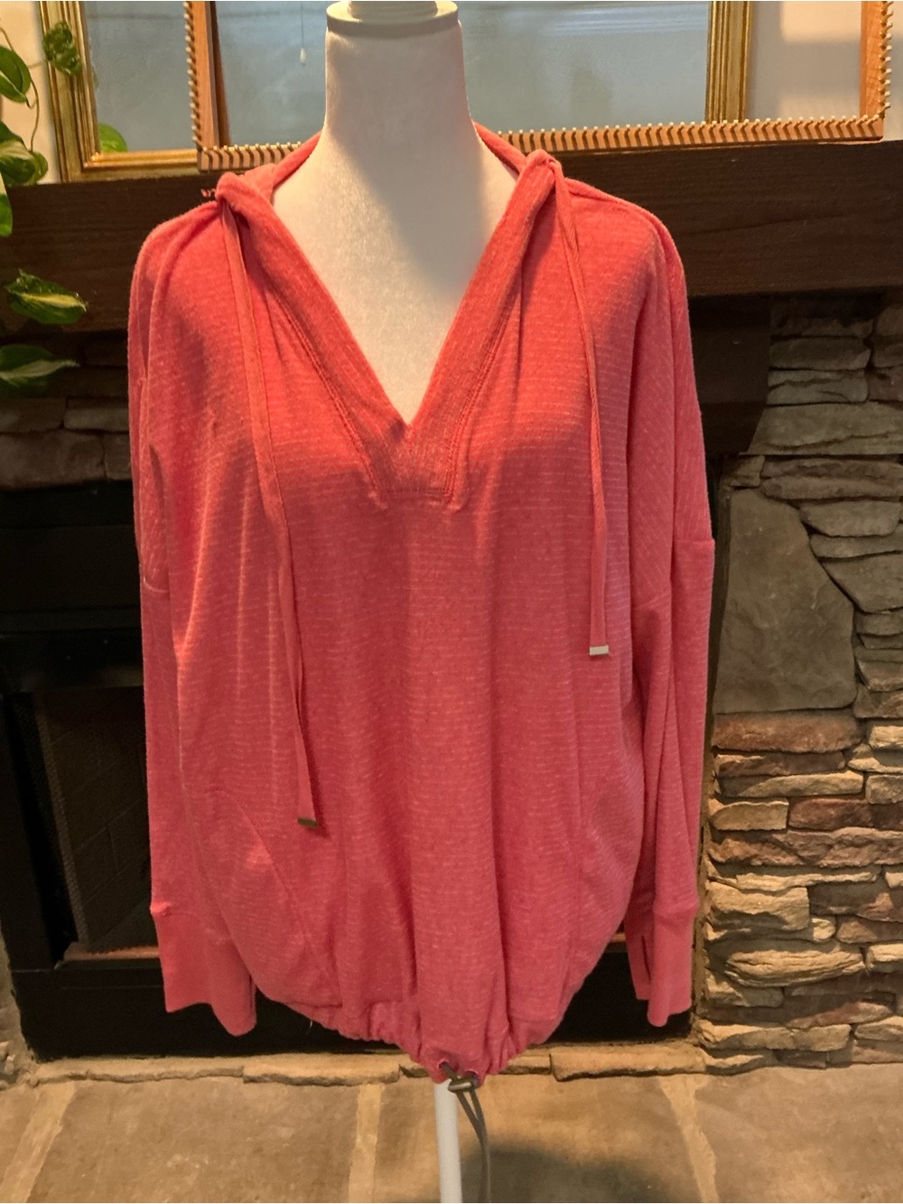 Jones New York Coral Striped V-Neck Hooded Top